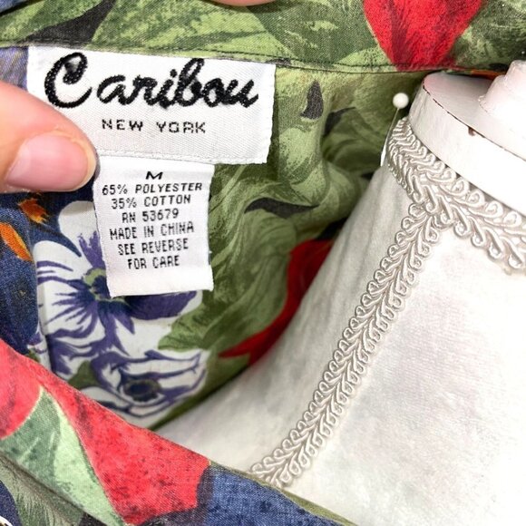 Caribou Womens Camp Shirt Green Size Medium Vintage Floral Leopard Print Button - Picture 4 of 12